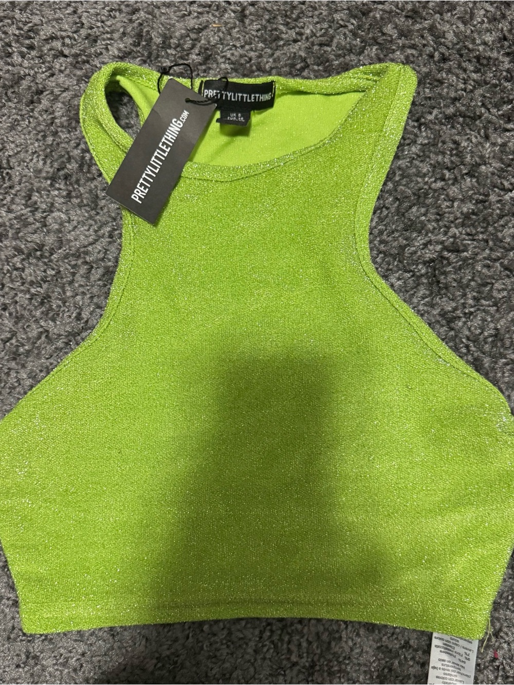 PrettyLittleThing Neon Green Glitter Racerback Crop Tank